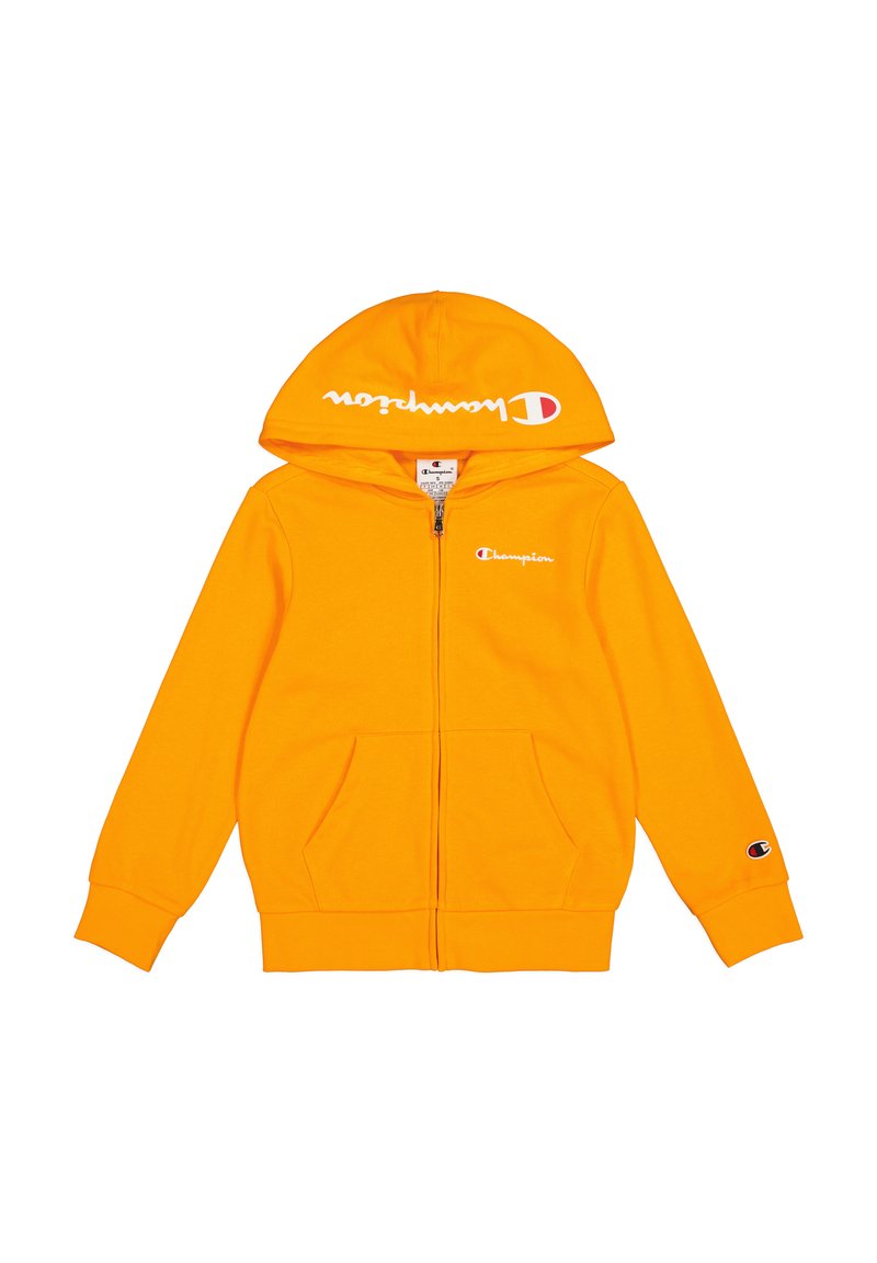 Felpa arancione con zip, realizzata in cotone, dotata di tasca frontale, cappuccio e logo Champion stampato sul petto e sulla manica.