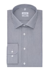 Blauw-wit gestreepte overhemden, knoopsluiting, puntige kraag, enkele-knoopmanchet, katoenstof, gemiddelde gewicht, met label "Seidensticker."