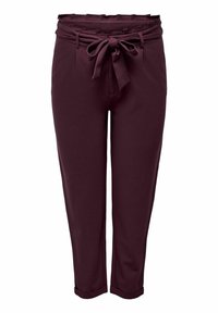 Burgundy trousers with a high, ruffled waist and a tie belt. Features side pockets and a tapered leg with rolled cuffs. Smooth fabric texture.