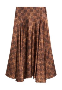 Jupe à carreaux marron en tissu doux, avec un design évasé, taille haute et un ourlet évasé en bas.