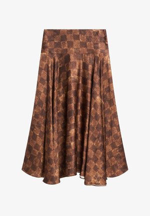 Brunternet nederdel lavet af blødt stof, med et udflydende design, høj talje og en kant, der udvider sig forneden.