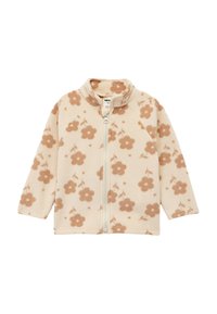 Fleecejacke in Creme mit hellbraunem Blumenmuster, durchgehender Reißverschluss und hohem Kragen; weicher Stoff und Raglanärmel.