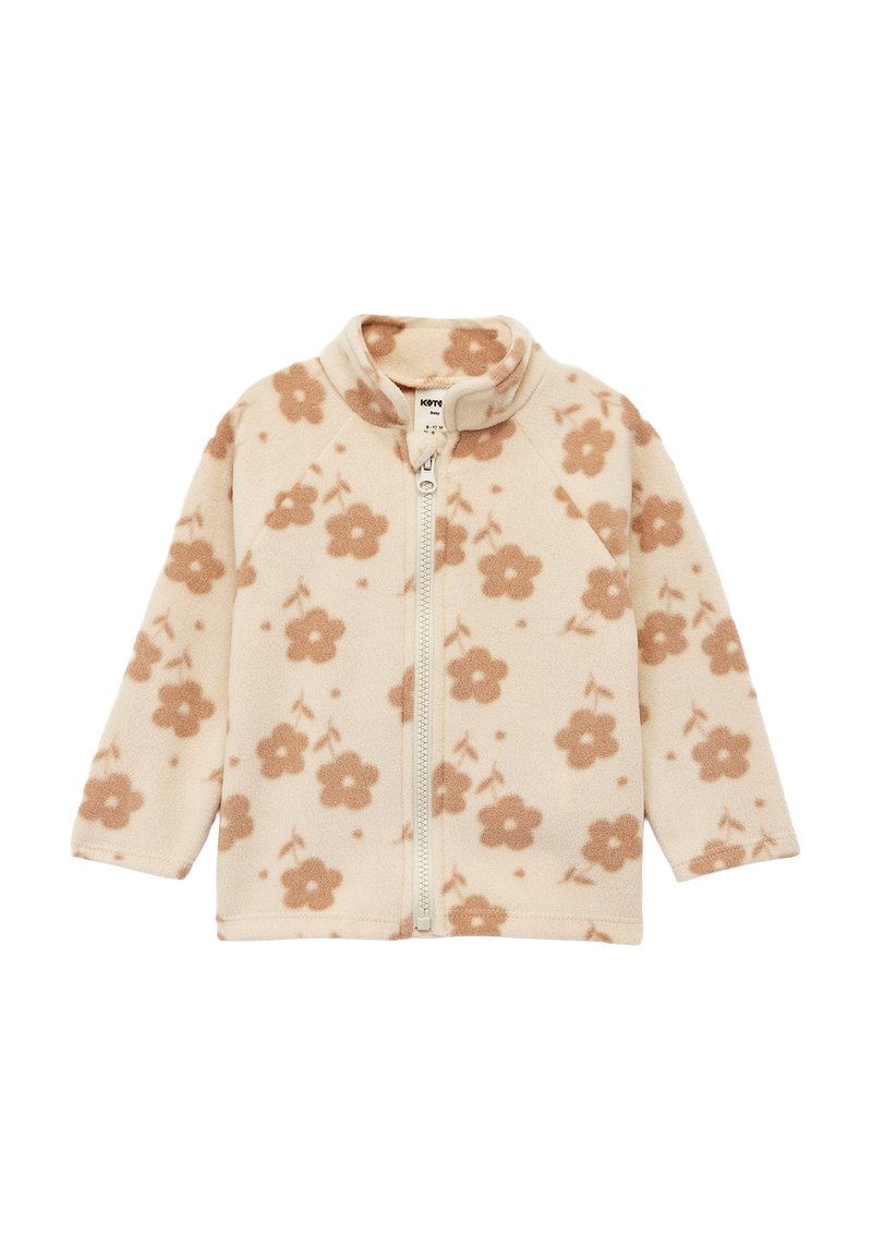 Fleecejacke in Creme mit hellbraunem Blumenmuster, durchgehender Reißverschluss und hohem Kragen; weicher Stoff und Raglanärmel.