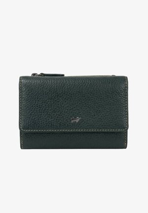 Portafoglio in pelle verde con superficie testurizzata, caratterizzato da un logo decorativo in metallo e cuciture a contrasto. Forma compatta e rettangolare.