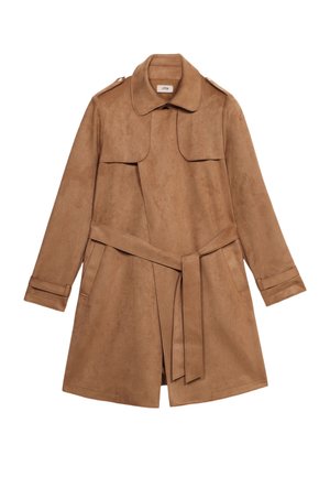 Trench coat de ante marrón con cinturón en la cintura, epaulettes de botón en los hombros, grandes bolsillos en el pecho y mangas largas. Textura suave y diseño clásico.