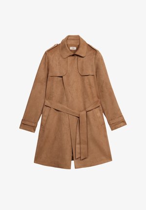 Brun ruskinds trench coat med bælte i taljen, knaplukket skulderepauleter, store brystlommer og lange ærmer. Blød tekstur og klassisk design.