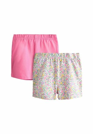 Set aus zwei Mädchen-Shorts mit elastischem Bund, eine einfarbig pink und eine mit Blumenmuster in Pink, Gelb und Lila auf Weiß.