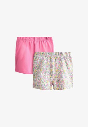 Set di due pantaloncini elasticizzati per ragazze, uno rosa tinta unita e uno con motivo floreale con fiori rosa, gialli e viola su sfondo bianco.