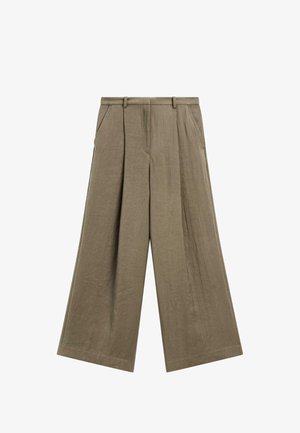 Khaki weitgeschnittene Hose aus einem leichten Stoff, mit Falten, zwei Fronttaschen und einer glatten Textur.