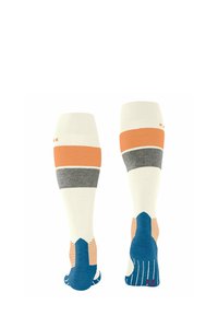 Kniehoge sokken in wit, oranje, grijs en blauw. Kenmerken van gestreepte patronen en een textuur grip op de zool. Versterkte teen- en hielgebieden.