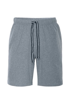 Gray casual shorts with elastic waistband and black-striped drawstring, made of soft fabric, knee-length and relaxed fit.