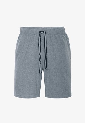 Gray casual shorts with elastic waistband and black-striped drawstring, made of soft fabric, knee-length and relaxed fit.
