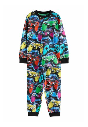 Kleurrijke jumpsuit met een patroon van verschillende videogamecontrollers in tinten rood, groen, blauw, geel en roze op een donkere achtergrond.