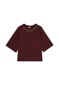 Bordeaux kortmouw blouse met brede mouwen en decoratieve rhinestones rond de halslijn.