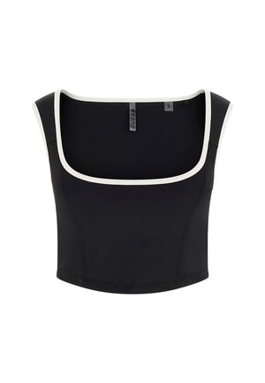 Zwart mouwloos crop top met witte biezen langs de vierkante halslijn en armsgaten, met maat small label.