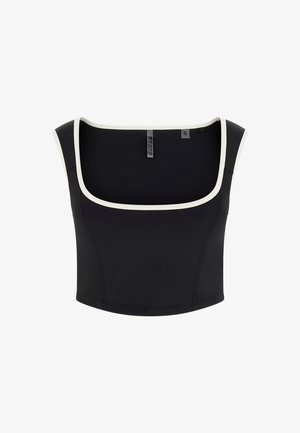Zwart mouwloos crop top met witte biezen langs de vierkante halslijn en armsgaten, met maat small label.