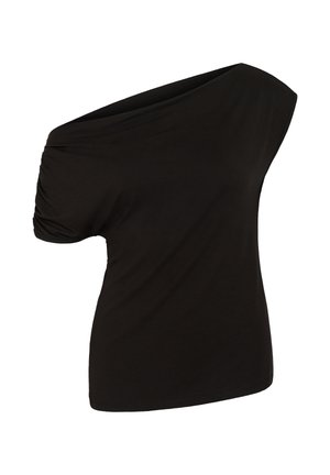 Zwarte top met korte mouwen, een een-schouder halslijn en geplooide details op de enkele mouw, getailleerd.