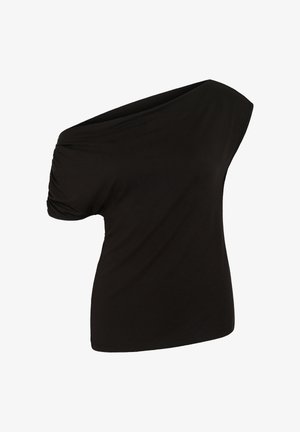 Zwarte top met korte mouwen, een een-schouder halslijn en geplooide details op de enkele mouw, getailleerd.