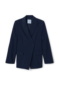 Blazer blu navy con un bottone, rever a punta e due tasche frontali. Realizzato in tessuto morbido con vestibilità su misura. Etichetta: Calliope.
