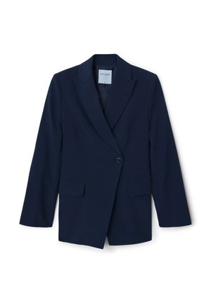 Marineblauer Blazer mit einem Knopf, Reverskragen und zwei Fronttaschen. Hergestellt aus glattem Stoff mit taillierter Passform. Marke: Calliope.