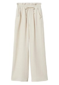 Pantalons à jambes larges en texture beige clair avec une taille élastique, un détail de cordon de serrage et des poches latérales.