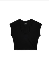 Czarny krótki T-shirt z miękkiej bawełny, z dekoltem w serek i krótkimi rękawami z minimalnymi detalami szwów. Idealny na codzienne noszenie.