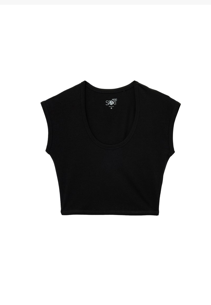 Czarny krótki T-shirt z miękkiej bawełny, z dekoltem w serek i krótkimi rękawami z minimalnymi detalami szwów. Idealny na codzienne noszenie.