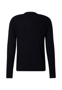 Schwarzer Pullover mit langen Ärmeln, geripptem Kragen und Saum. Weiche Textur mit klassischer Passform und ohne sichtbare Muster oder Akzente.