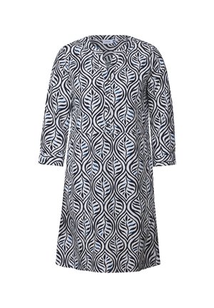 Czarna i biała sukienka z motywem liści, z rękawami o długości trzech kwart, dekoltem w kształcie litery V i luźnym krojem. Wykonana z lekkiego materiału.