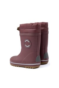 Bottes en caoutchouc violet avec une finition texturée, haut à cordon, accents gris et un patch logo. Semelle beige rainurée pour une traction.