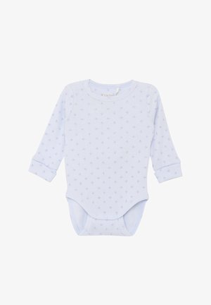 Hellblauer Body mit langen Ärmeln und gerippter Struktur sowie kleinen, dezenten Mustern. Verfügt über Druckknopfverschluss am unteren Rand und Umschlagbündchen.