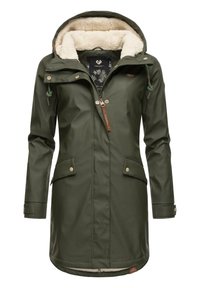 Olive green jacket with a fur-lined hood, zip front, two front pockets, and decorative hardware. Features adjustable drawstring at hood.