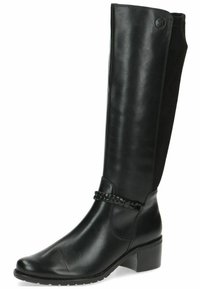 Botas altas de cuero negro con un diseño elegante, que presentan un detalle trenzado en el tobillo y un tacón cuadrado. Textura suave y punta ligeramente redondeada.