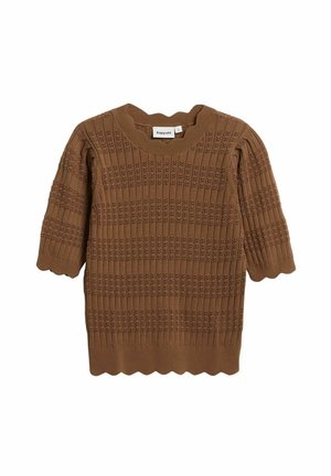 Brauner, gestrickter Kurzarmpullover mit strukturierten horizontalen Streifen und gewellten Rändern an Ärmeln und Saum.