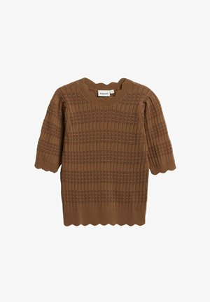 Brauner, gestrickter Kurzarmpullover mit strukturierten horizontalen Streifen und gewellten Rändern an Ärmeln und Saum.