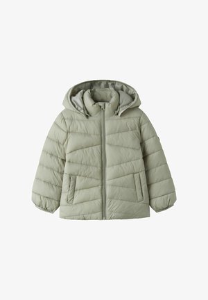 Light green puffer jacket with a hood, horizontal and chevron quilted pattern, front zip closure, and two side pockets. Soft texture.