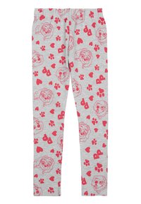 Leggings grigi con facce di cani cartoon rosa, impronte di zampe e cuori in un motivo ripetuto. Vita elastica per una vestibilità comoda.