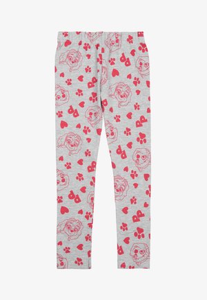 Leggings grigi con facce di cani cartoon rosa, impronte di zampe e cuori in un motivo ripetuto. Vita elastica per una vestibilità comoda.