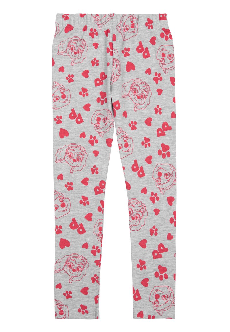 Leggings grigi con facce di cani cartoon rosa, impronte di zampe e cuori in un motivo ripetuto. Vita elastica per una vestibilità comoda.