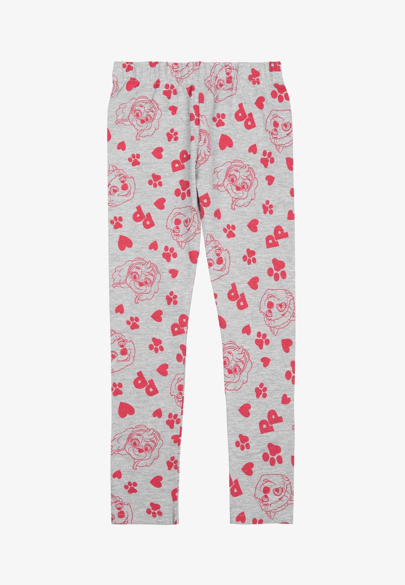 Leggings grigi con facce di cani cartoon rosa, impronte di zampe e cuori in un motivo ripetuto. Vita elastica per una vestibilità comoda.