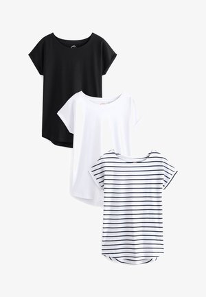 Tre camicie a maniche corte: una nera a tinta unita, una bianca a tinta unita e una bianca con strisce orizzontali blu navy. Materiale in cotone, vestibilità comoda.