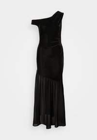 Czarna aksamitna sukienka z asymetrycznym, jedno-ramiennym krojem, dopasowanym gorsetem i lejącą się spódnicą z szyfonu z marszczonym akcentem.