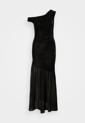 Czarna aksamitna sukienka z asymetrycznym, jedno-ramiennym krojem, dopasowanym gorsetem i lejącą się spódnicą z szyfonu z marszczonym akcentem.