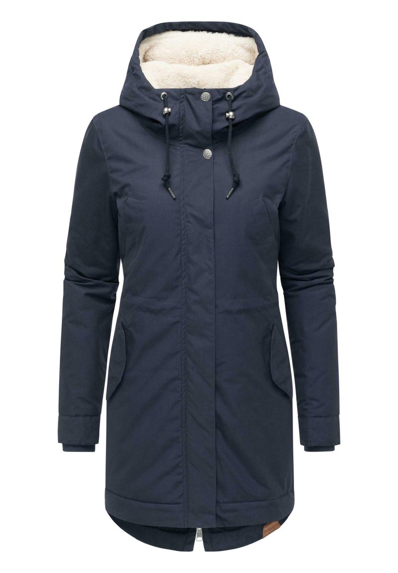 Navy blue parka with a plush lined hood, featuring two front pockets, drawstring waist, and a slightly curved hem.