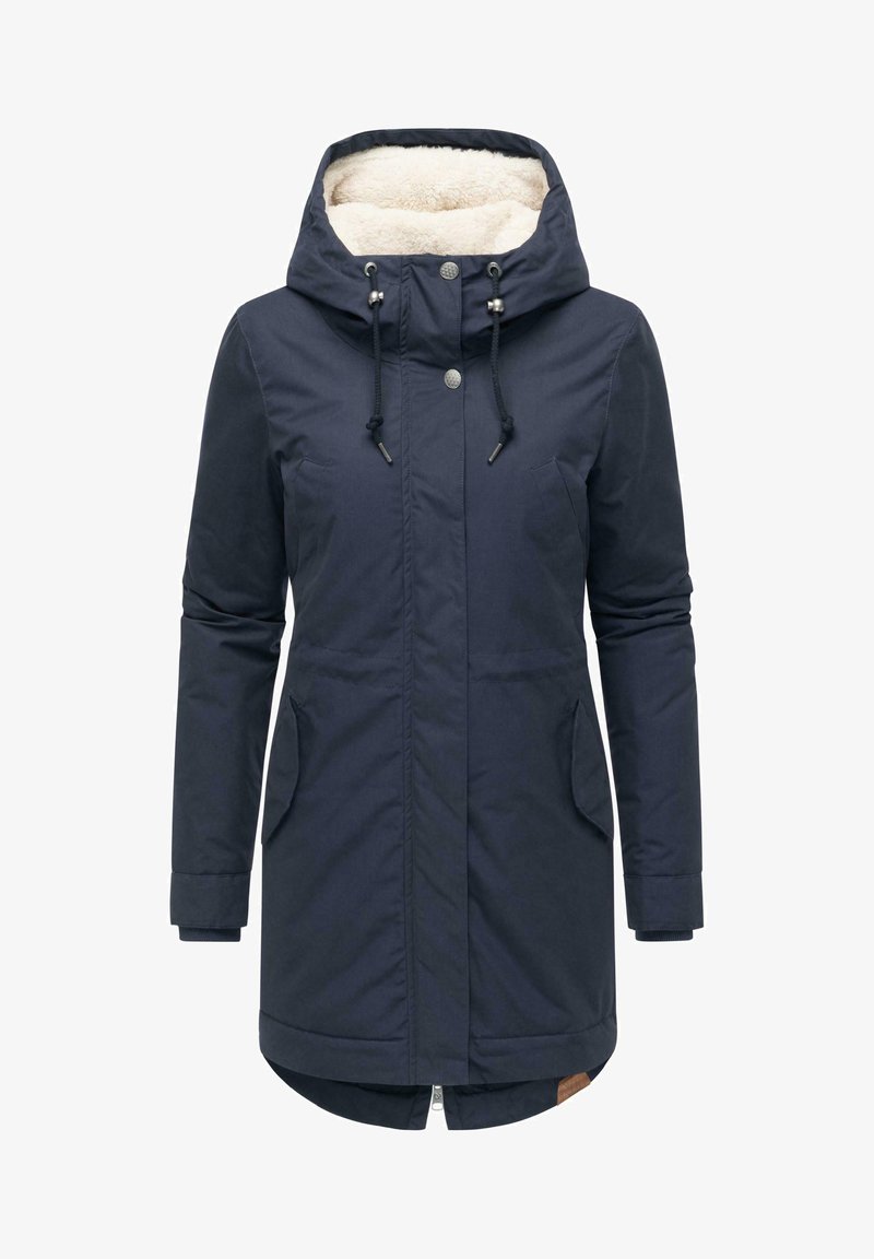 Navy blue parka with a plush lined hood, featuring two front pockets, drawstring waist, and a slightly curved hem.