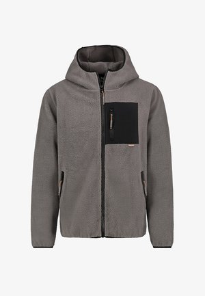Fleece jack in grijs met een rits aan de voorkant, een zwarte borstzak en zijzakken. Voorzien van een capuchon en een gestructureerde stof voor warmte.