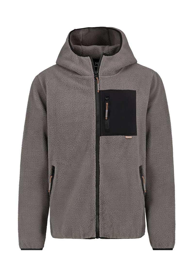 Fleece jack in grijs met een rits aan de voorkant, een zwarte borstzak en zijzakken. Voorzien van een capuchon en een gestructureerde stof voor warmte.