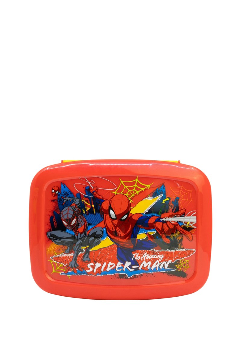 Scatola per il pranzo di plastica rossa con grafiche di Spider-Man in stile fumetto, che mostra due personaggi di Spider-Man e motivi di ragnatela.