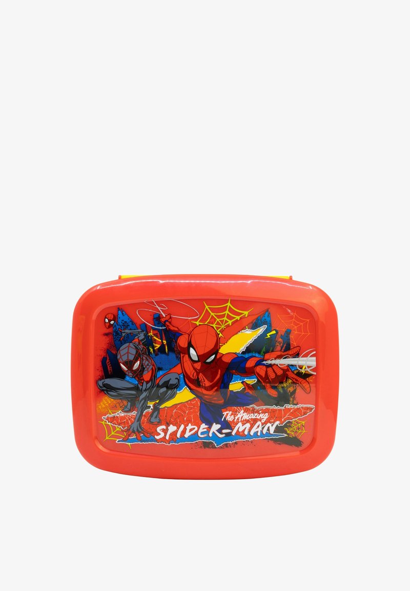 Scatola per il pranzo di plastica rossa con grafiche di Spider-Man in stile fumetto, che mostra due personaggi di Spider-Man e motivi di ragnatela.