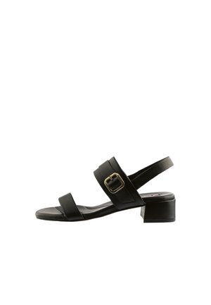 Czarna sandałka na otwartym palcu z dwoma paskami, złotą klamrą na górnym pasku, paskiem z tyłu na pięcie i niskim obcasem typu klocek na białym tle.